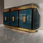 Three-Door Sideboard with Dark Blue High-Gloss Lacquer Panels Gold Metal Trim Natural Marble Top and Polished Gold Stainless Steel Base
